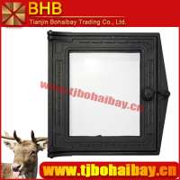 Cast iron stove door with high temperature resistant glass